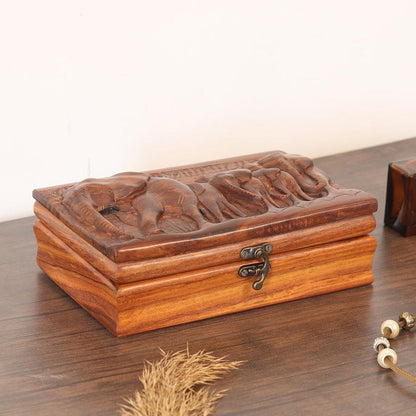 Hand Carved Wood Elephant Jewelry Box: Vintage Wildlife Keepsake Chest