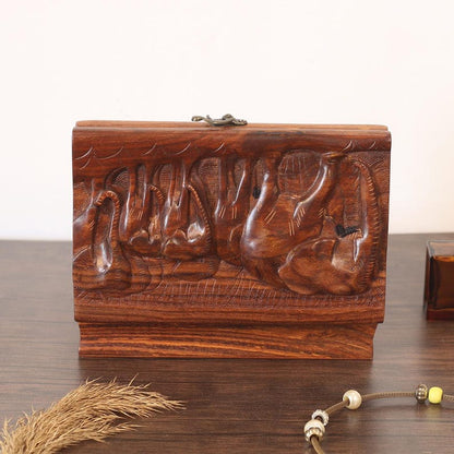 Hand Carved Wood Elephant Jewelry Box: Vintage Wildlife Keepsake Chest