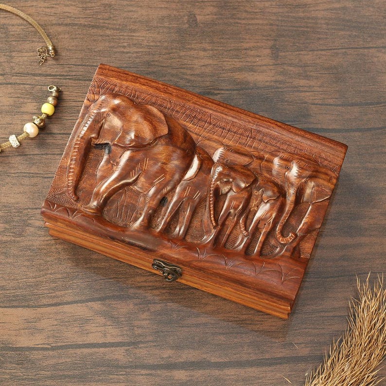 Hand Carved Wood Elephant Jewelry Box: Vintage Wildlife Keepsake Chest